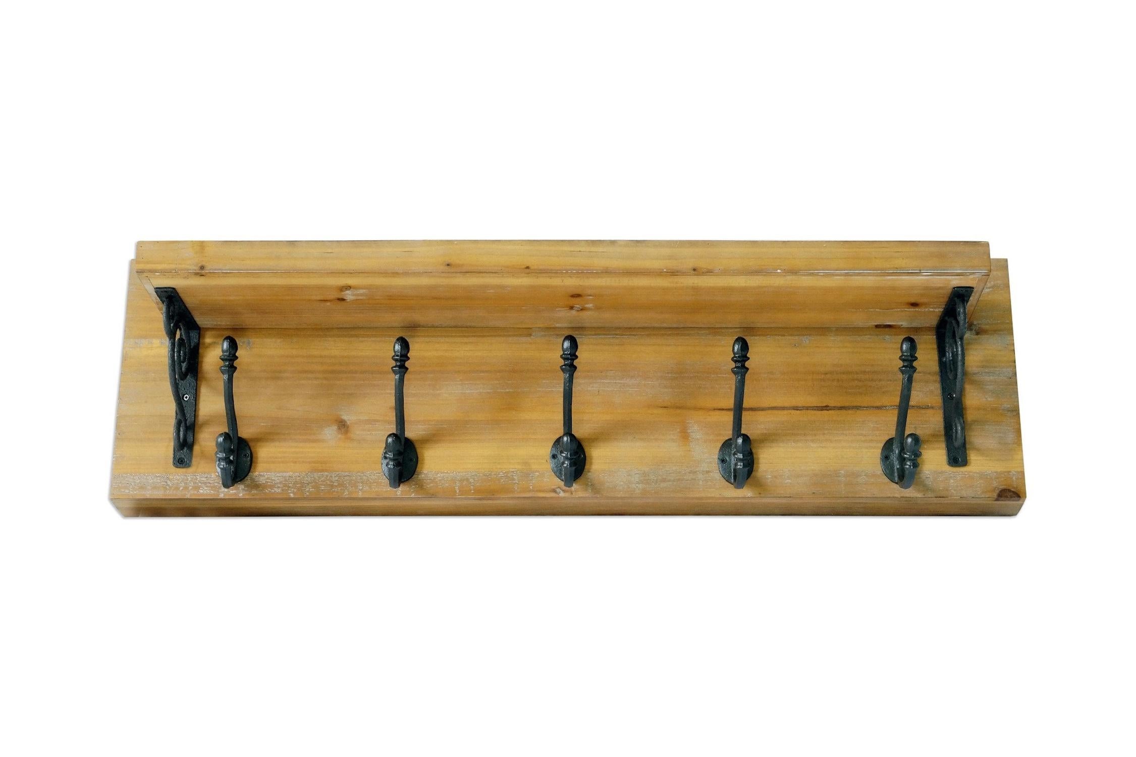 6" Black And Brown Metal And Solid Wood Five Hook Wall Mount Coat Rack