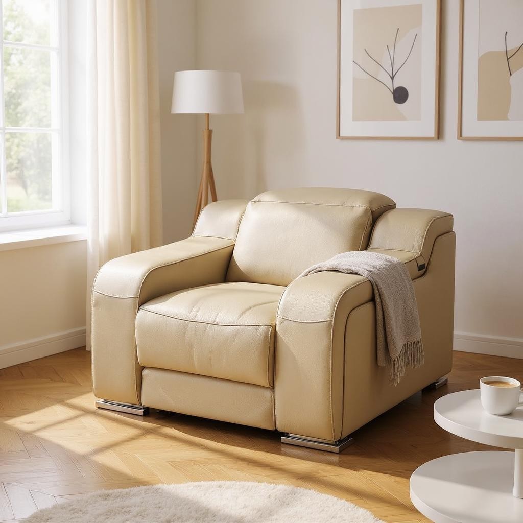 41" Beige Italian Leather Wall Hugger Recliner With USB