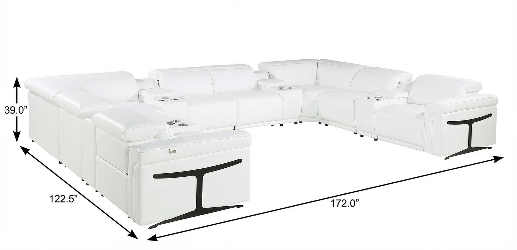 White Italian Leather Power Reclining U Shaped Twelve Piece Sectional With Console