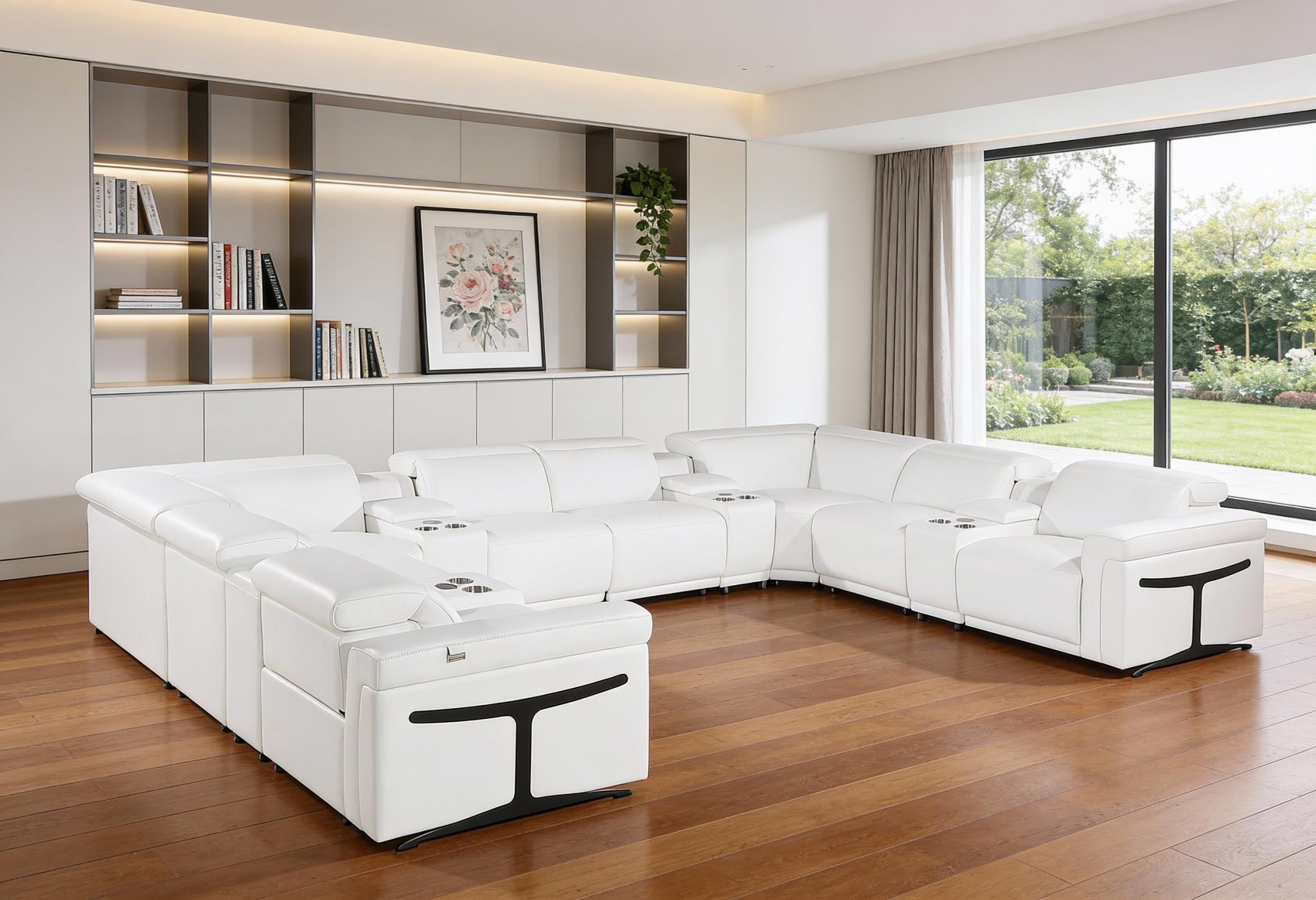 White Italian Leather Power Reclining U Shaped Twelve Piece Sectional With Console