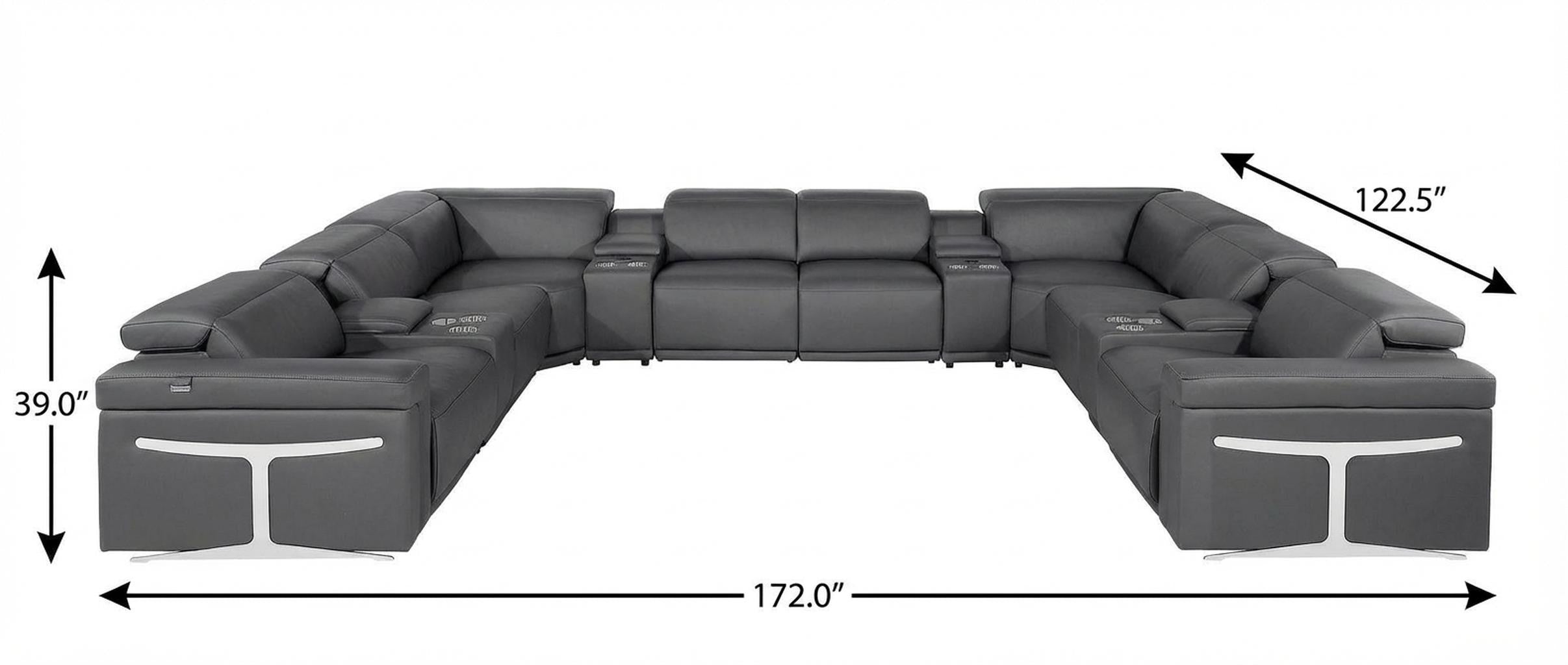 Dark Gray Italian Leather Power Reclining U Shaped Twelve Piece Sectional With Console