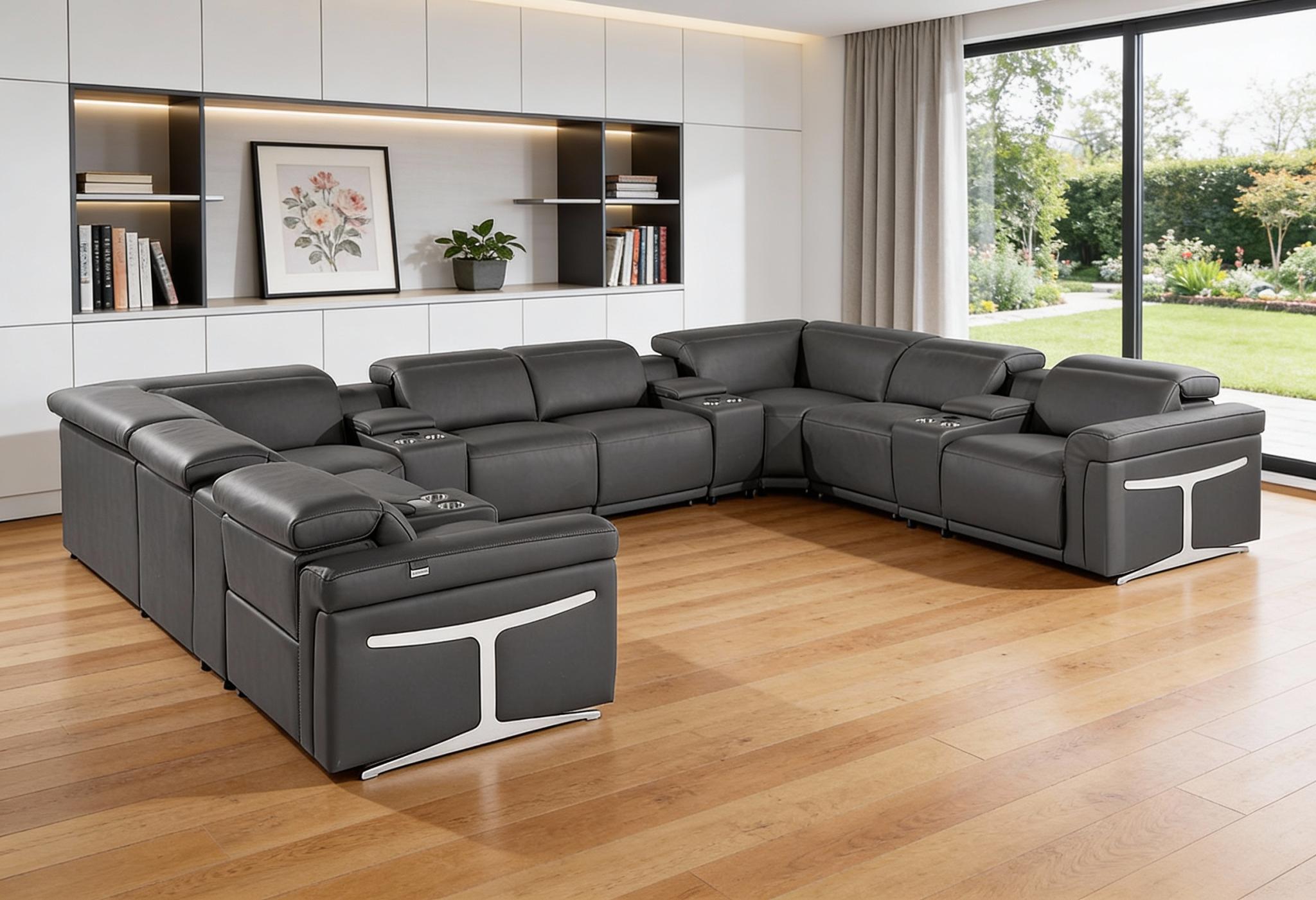 Dark Gray Italian Leather Power Reclining U Shaped Twelve Piece Sectional With Console