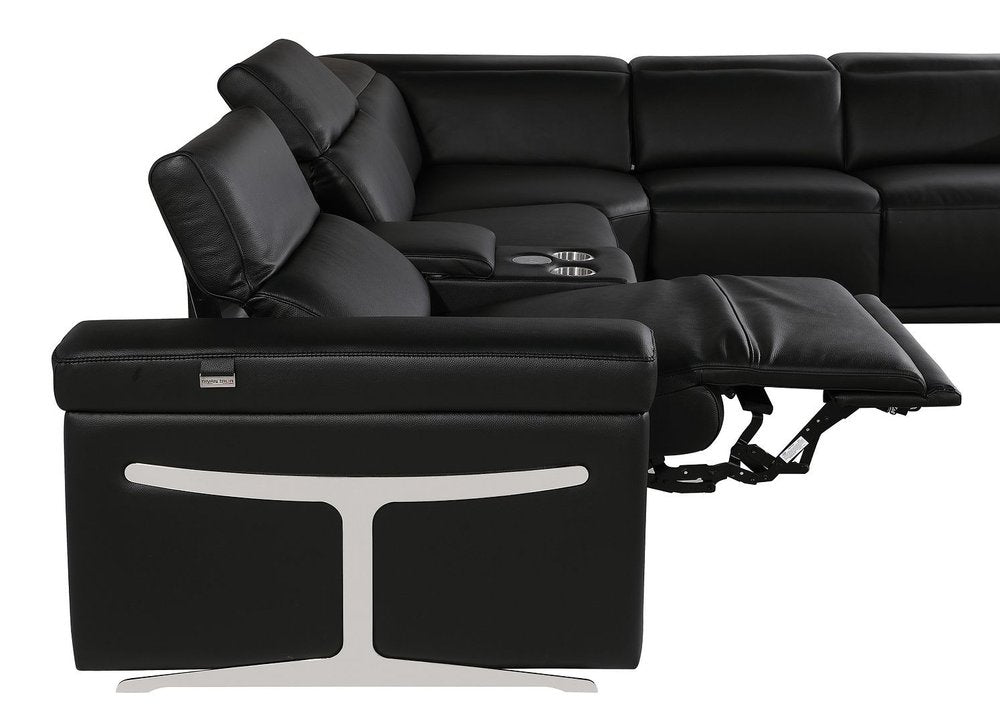 Black Italian Leather Power Reclining U Shaped Twelve Piece Sectional With Console