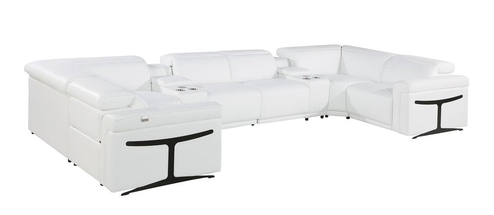 White Italian Leather Power Reclining U Shaped Eight Piece Sectional With Console