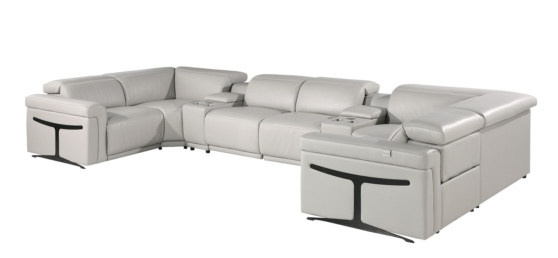 Light Gray Italian Leather Power Reclining U Shaped Eight Piece Corner Sectional With Console