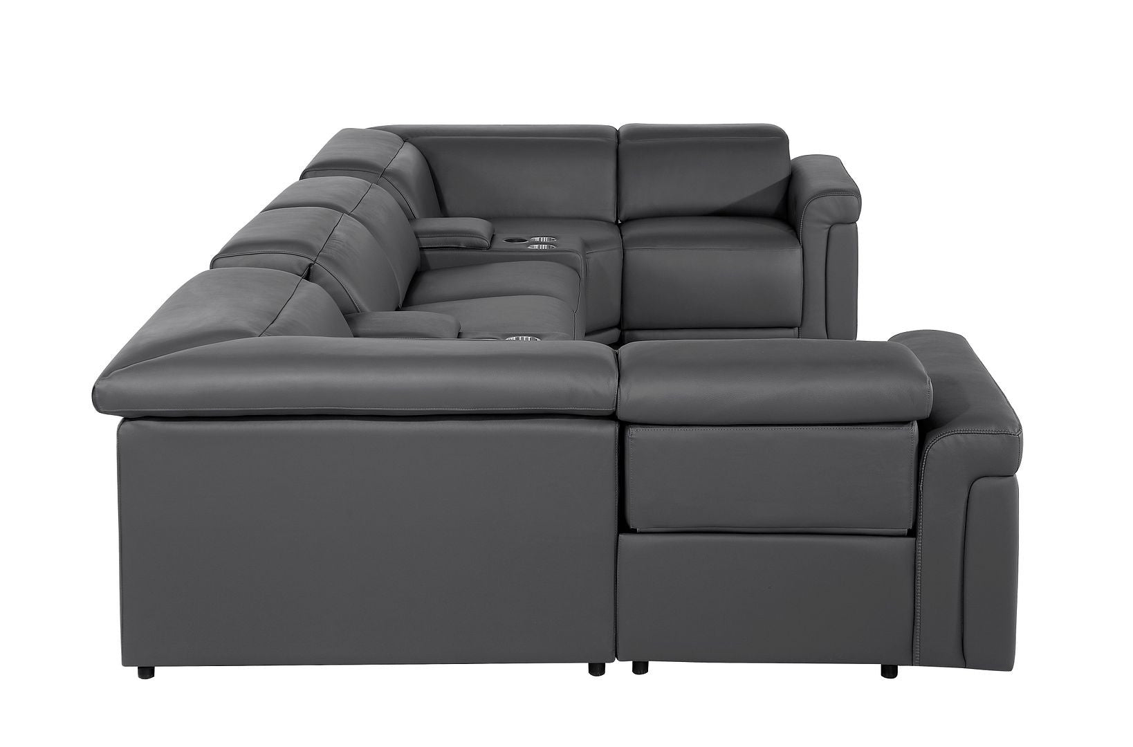 Dark Gray Italian Leather Power Reclining U Shaped Eight Piece Sectional With Console