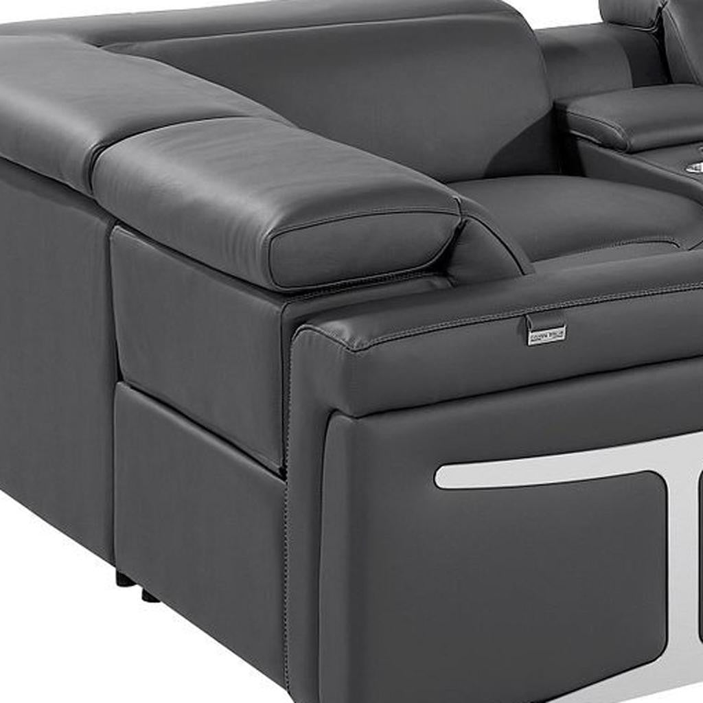 Dark Gray Italian Leather Power Reclining U Shaped Eight Piece Sectional With Console