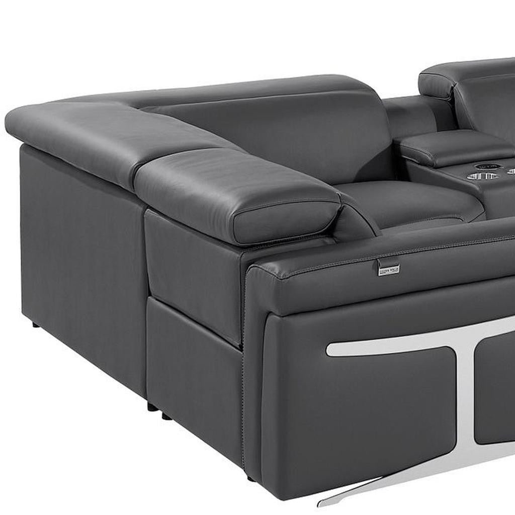 Dark Gray Italian Leather Power Reclining U Shaped Eight Piece Sectional With Console
