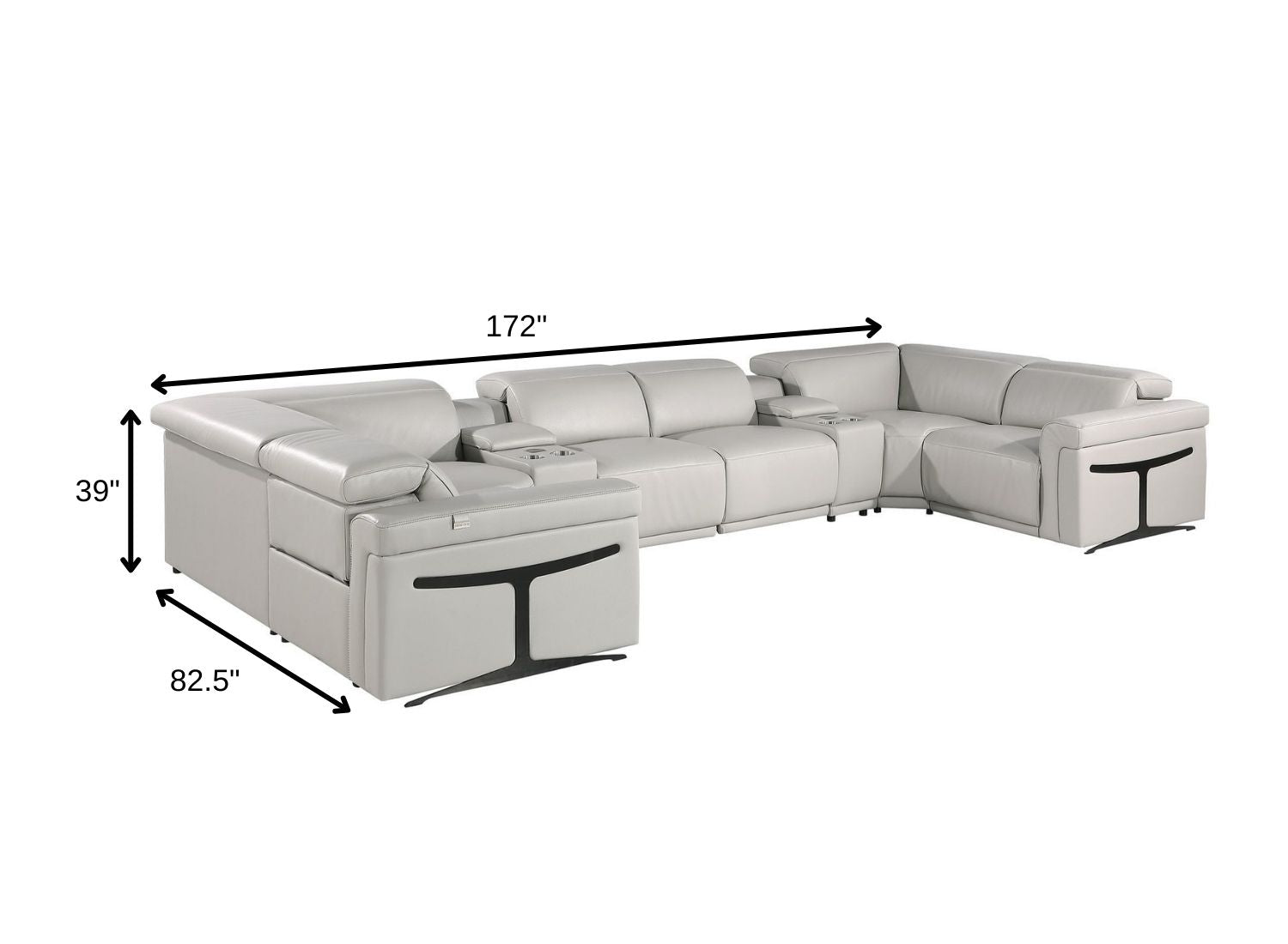 Light Gray Italian Leather Power Reclining U Shaped Eight Piece Corner Sectional With Console