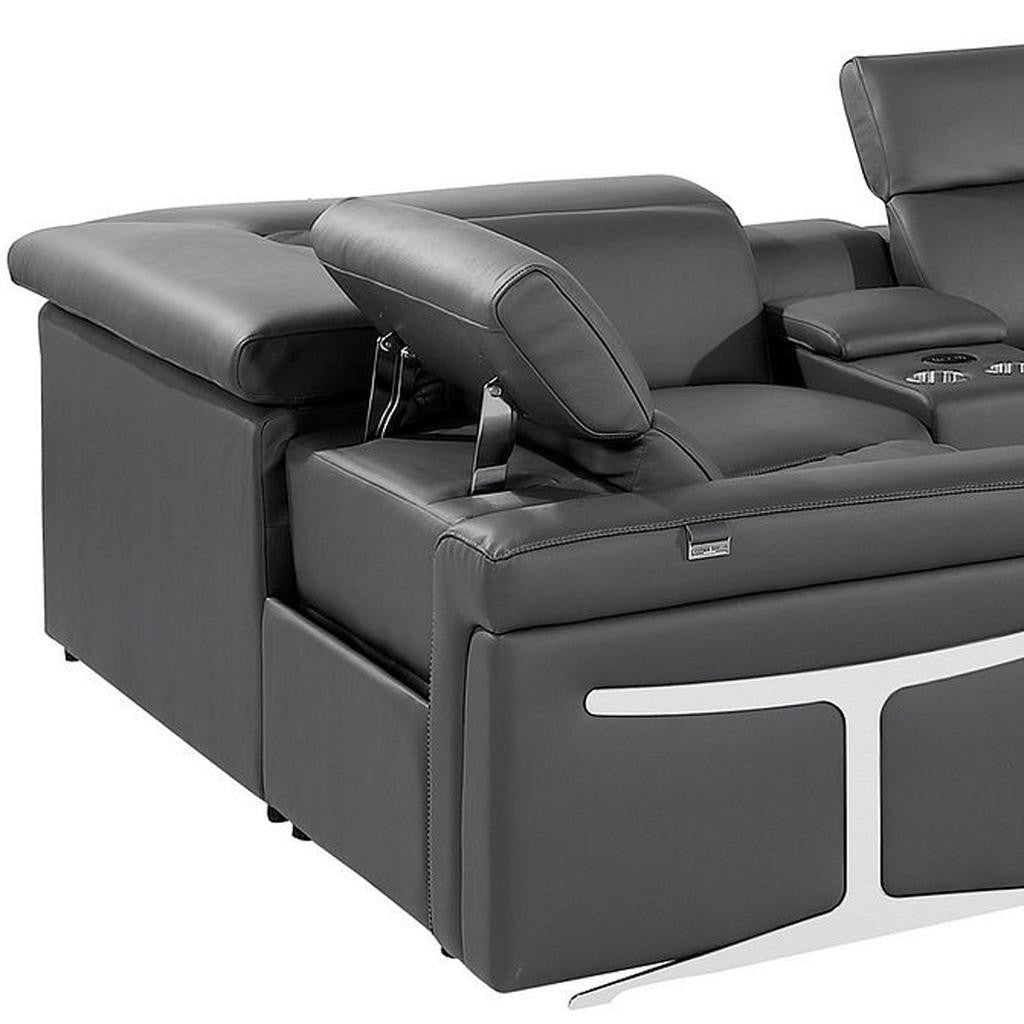 Dark Gray Italian Leather Power Reclining U Shaped Eight Piece Corner Sectional With Console