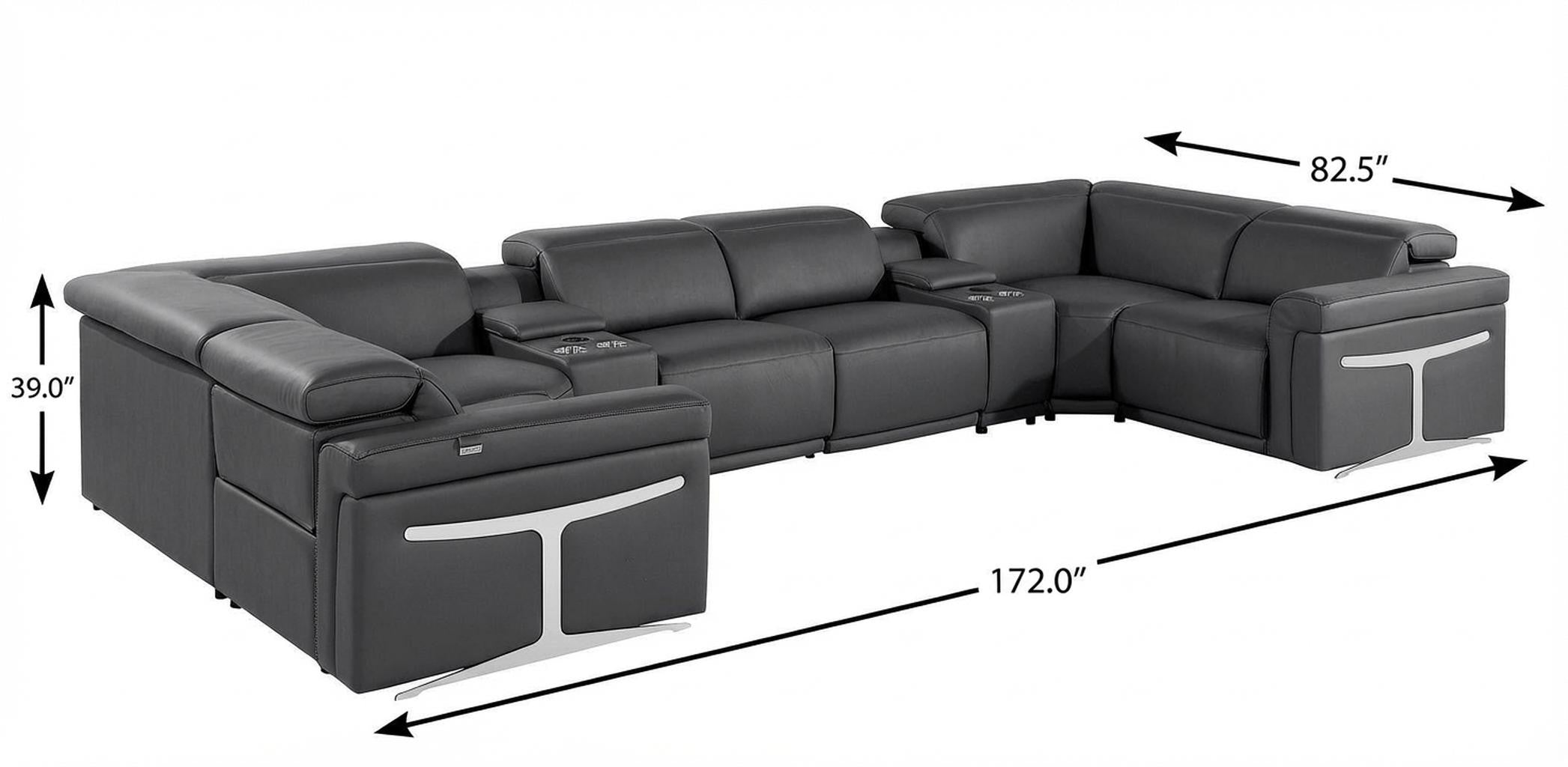 Dark Gray Italian Leather Power Reclining U Shaped Eight Piece Corner Sectional With Console