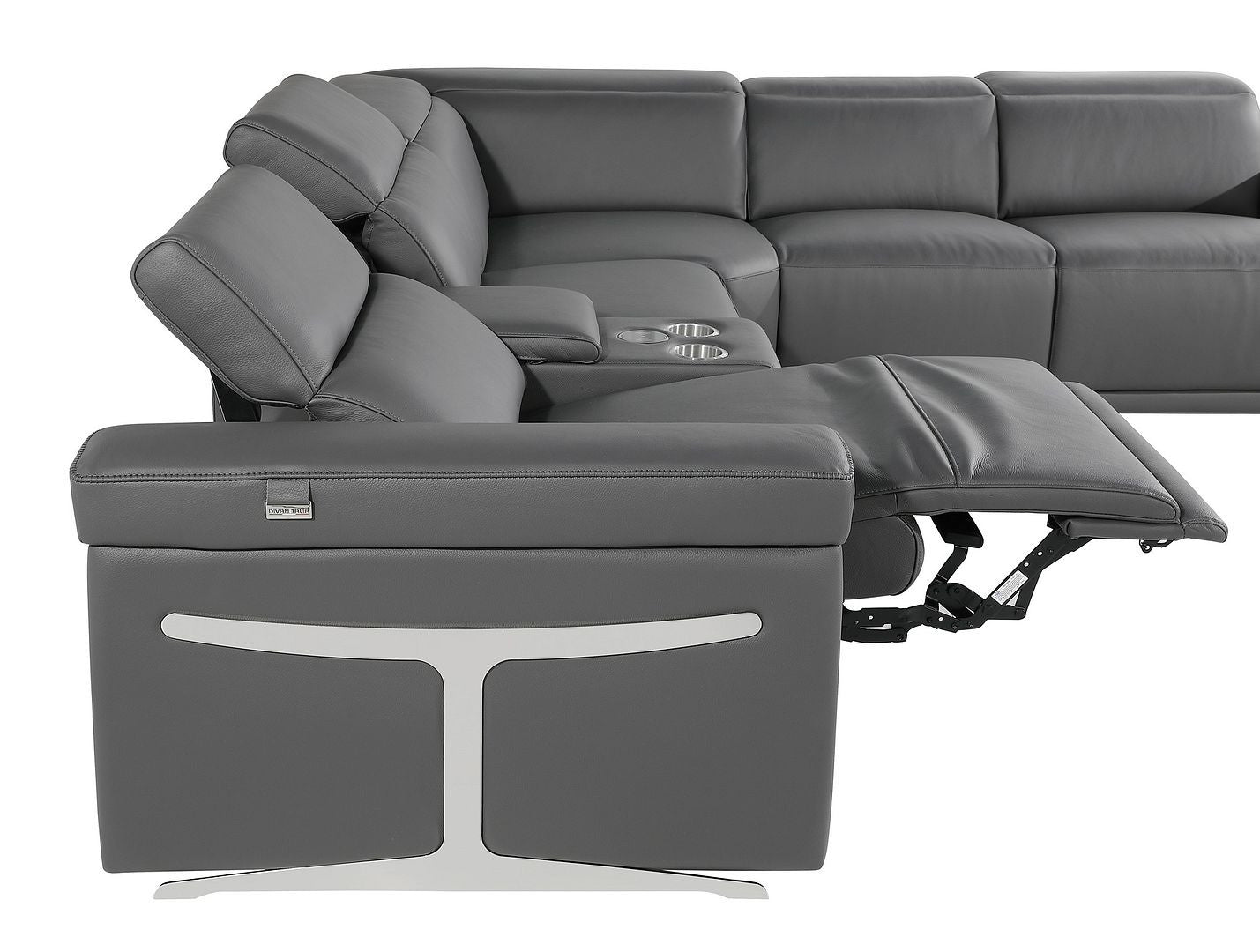 Dark Gray Italian Leather Power Reclining U Shaped Eight Piece Corner Sectional With Console