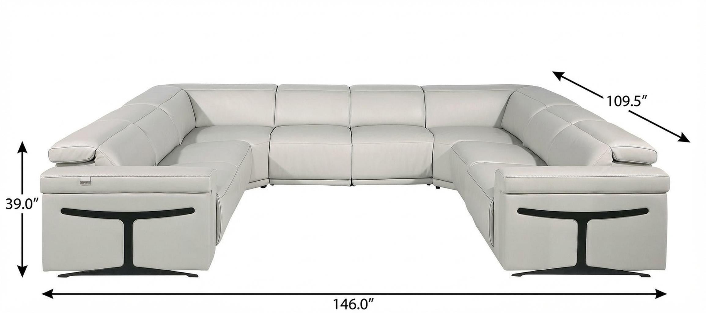 Light Gray Italian Leather Power Reclining U Shaped Eight Piece Corner Sectional With Console