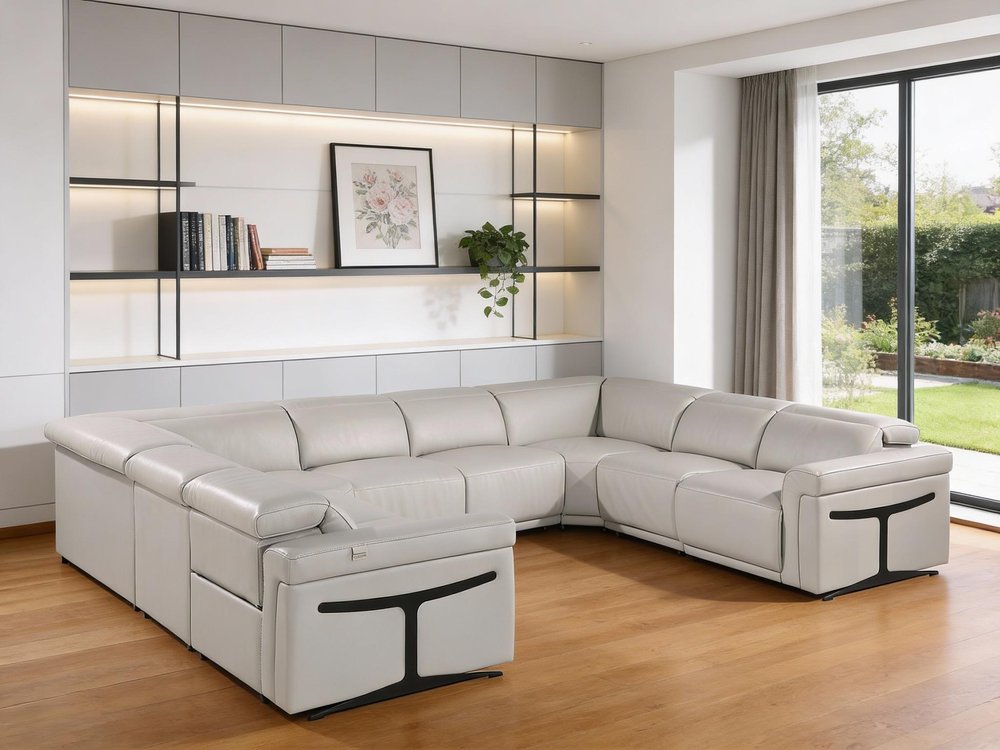 Light Gray Italian Leather Power Reclining U Shaped Eight Piece Corner Sectional With Console