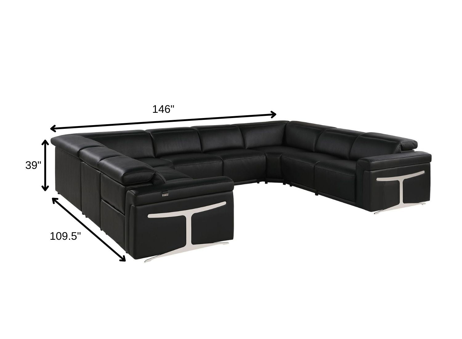 Black Italian Leather Power Reclining U Shaped Eight Piece Corner Sectional With Console