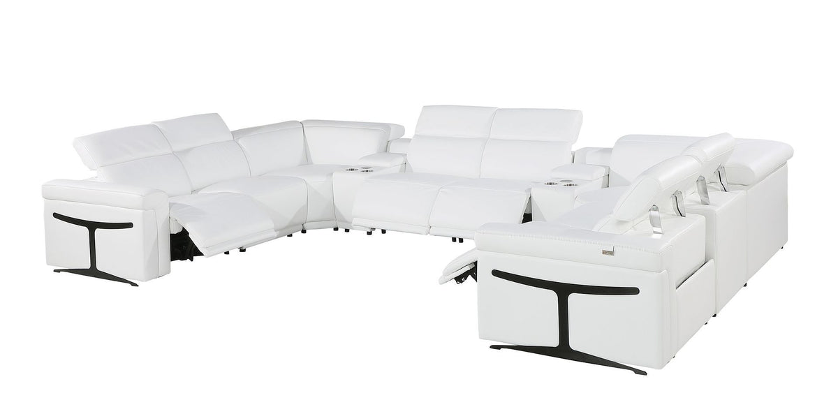 White Italian Leather Power Reclining U Shaped Ten Piece Corner Sectional With Console