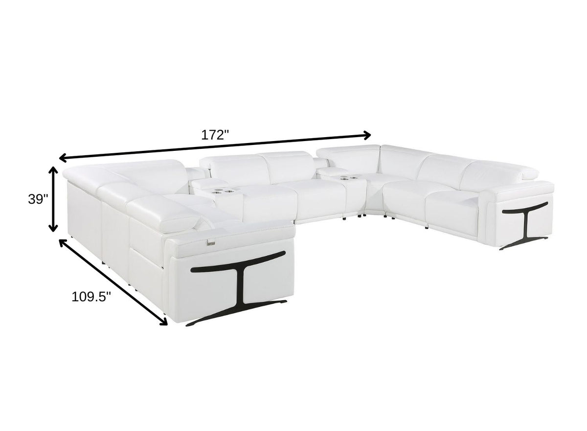 White Italian Leather Power Reclining U Shaped Ten Piece Corner Sectional With Console