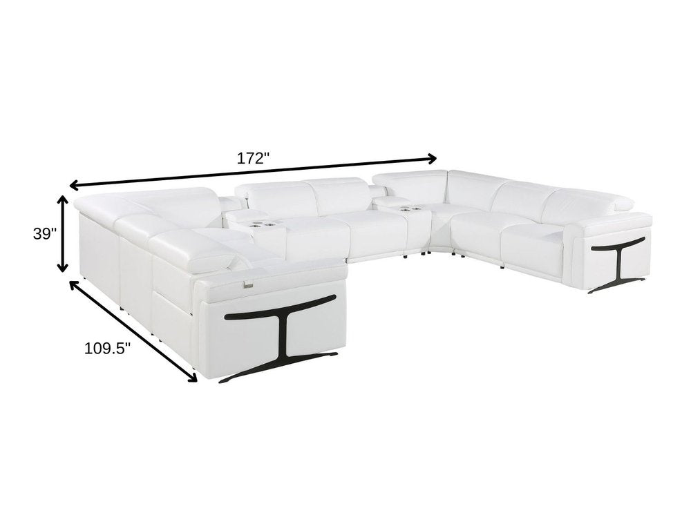 White Italian Leather Power Reclining U Shaped Ten Piece Corner Sectional With Console