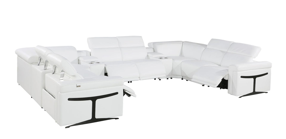 White Italian Leather Power Reclining U Shaped Ten Piece Corner Sectional With Console