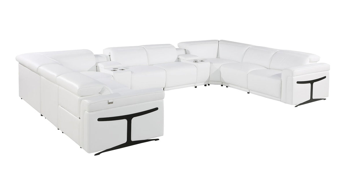 White Italian Leather Power Reclining U Shaped Ten Piece Corner Sectional With Console