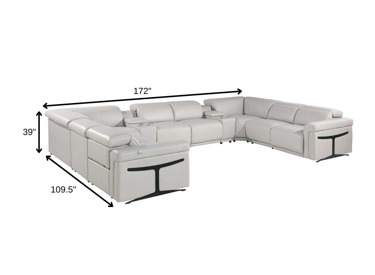 Light Gray Italian Leather Power Reclining U Shaped Ten Piece Corner Sectional With Console