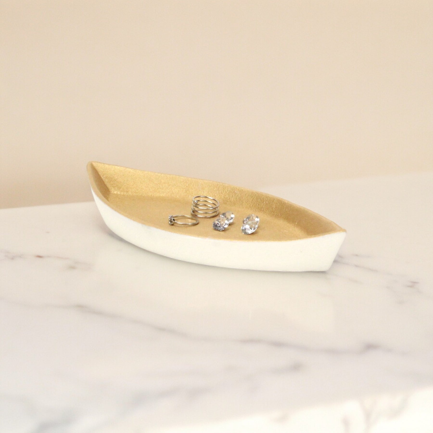10" Gold And Off White Cast Iron Oval Boat Shaped Tray