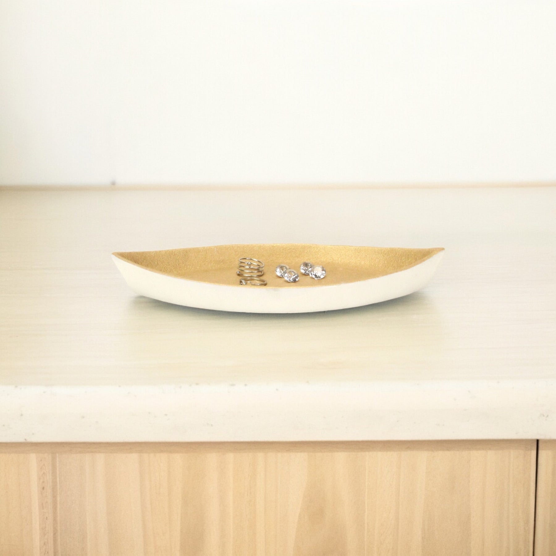 10" Gold And Off White Cast Iron Oval Boat Shaped Tray