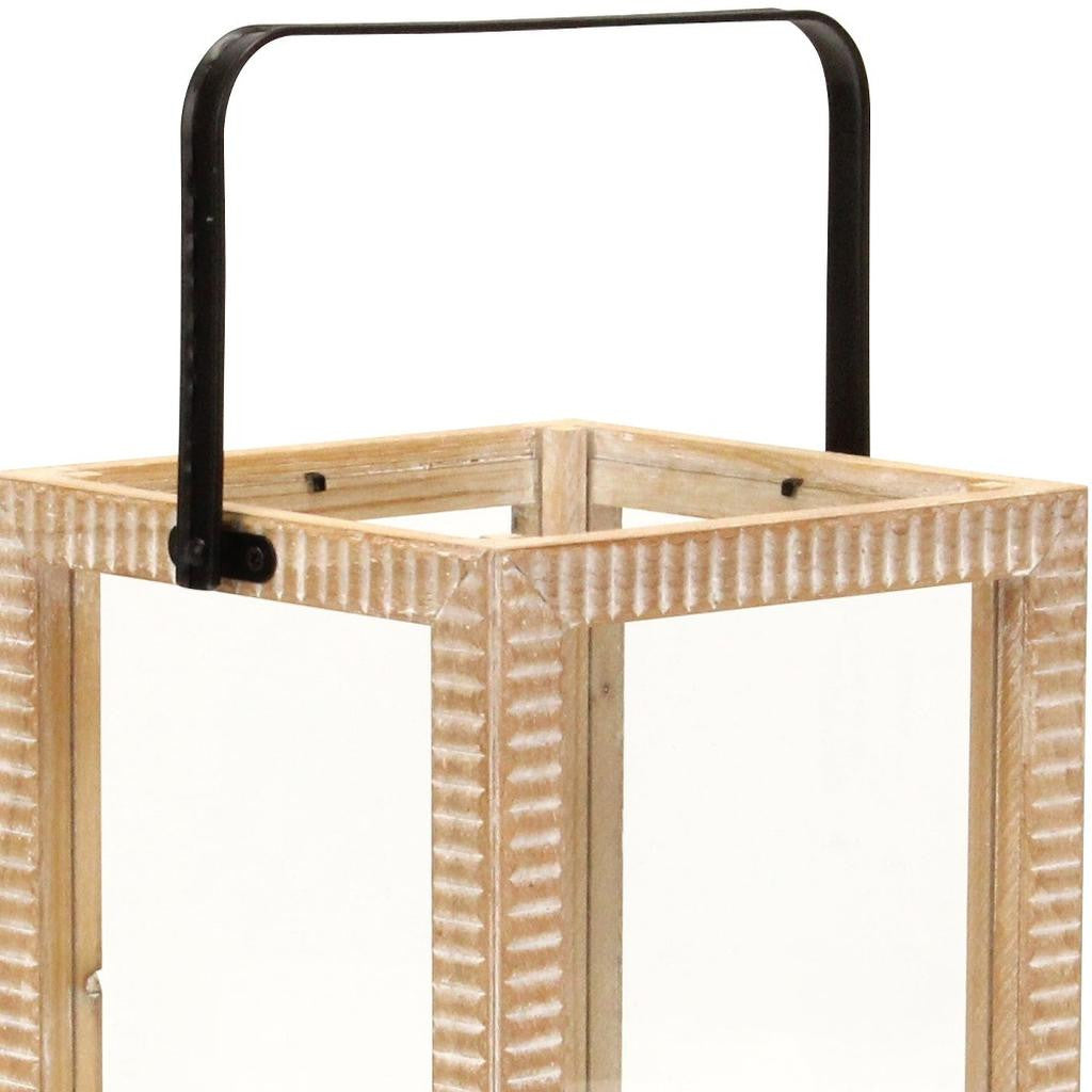 16" Clear And Natural Glass And Solid Wood Tabletop Lantern Candle Holder