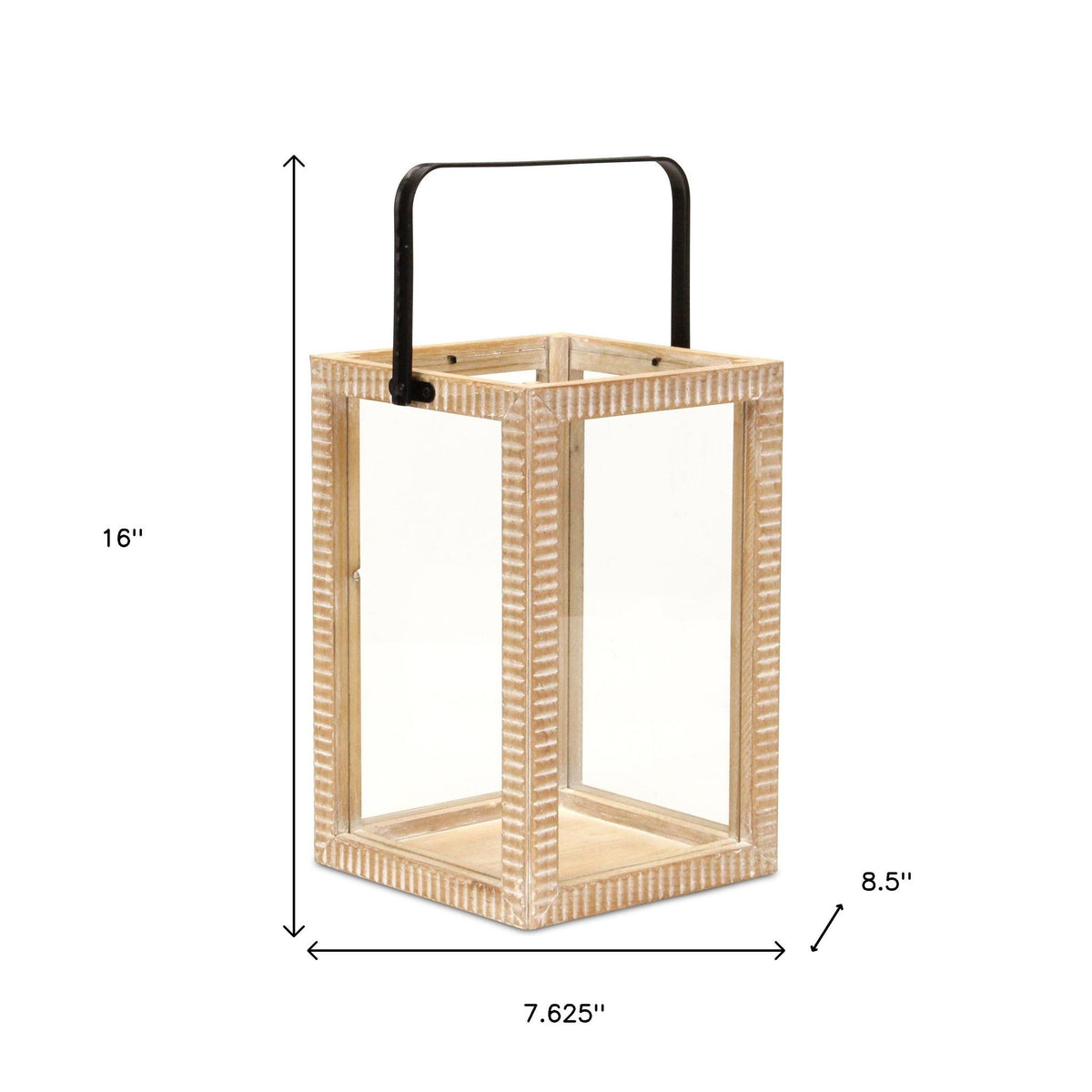 16" Clear And Natural Glass And Solid Wood Tabletop Lantern Candle Holder