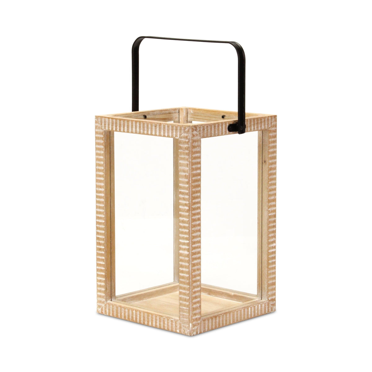 16" Clear And Natural Glass And Solid Wood Tabletop Lantern Candle Holder