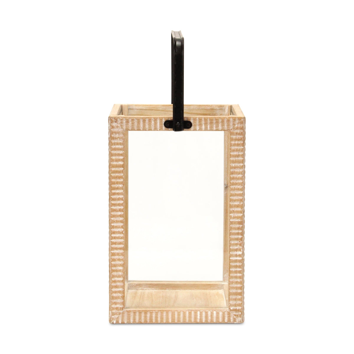16" Clear And Natural Glass And Solid Wood Tabletop Lantern Candle Holder