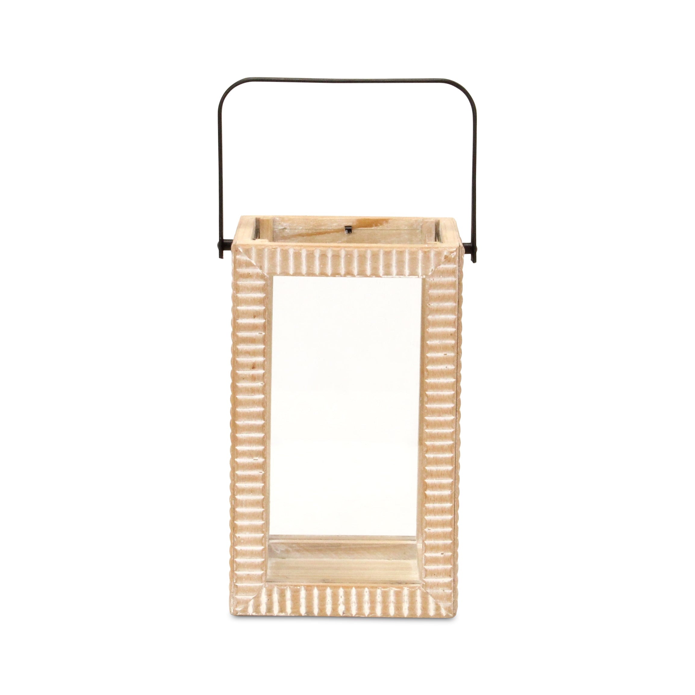 13" Natural Distressed Geometric Solid Wood Tabletop Lantern Candle Holder