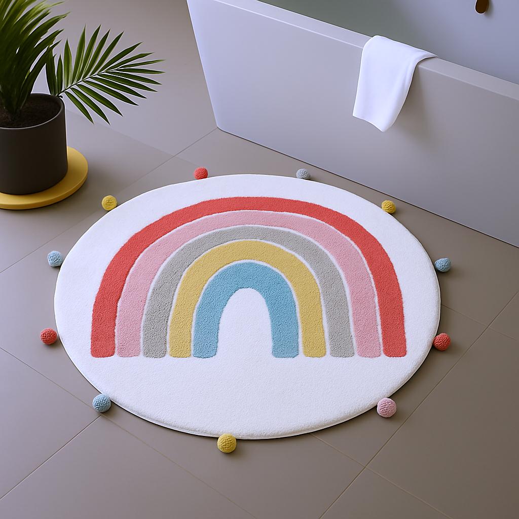 32" White Pink And Yellow Cotton Rainbows Round Youthful Bath Rug