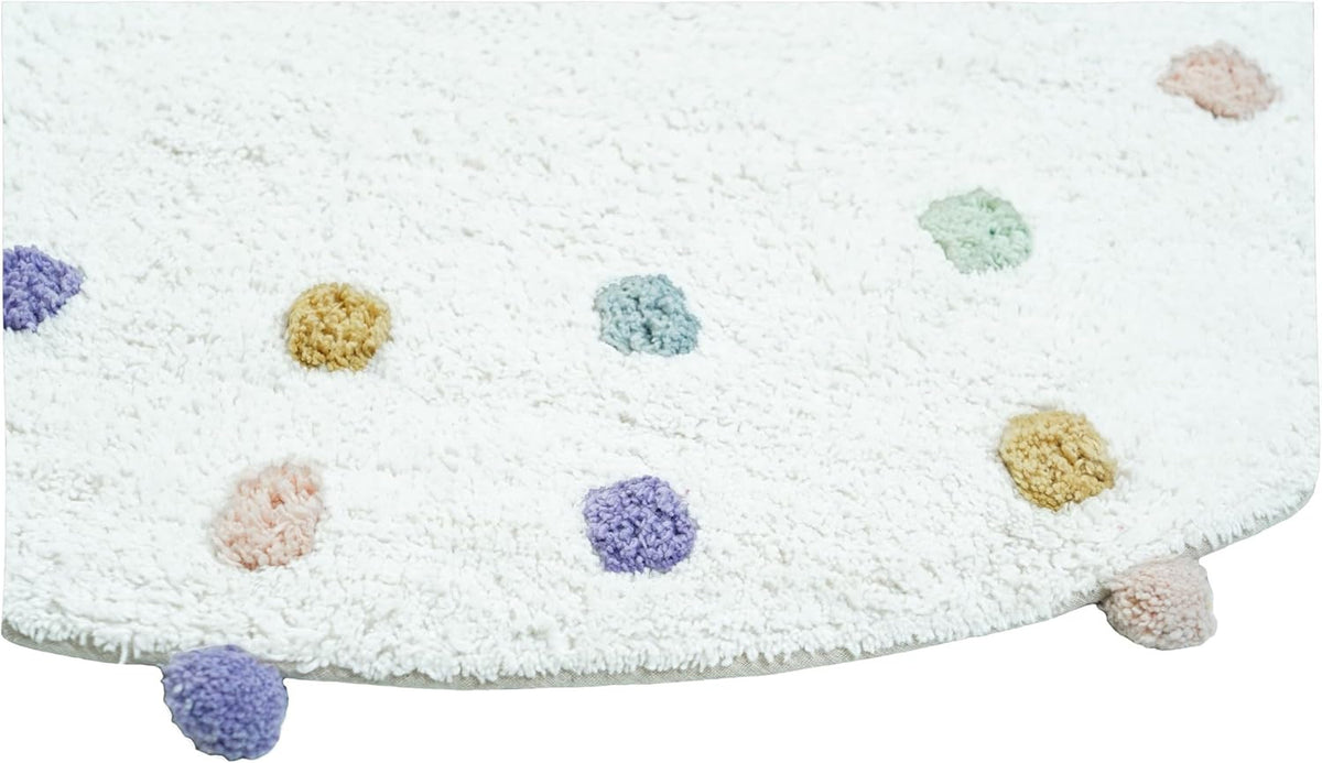 32" Green Purple And White Cotton Round Polka Dots Bath Rug