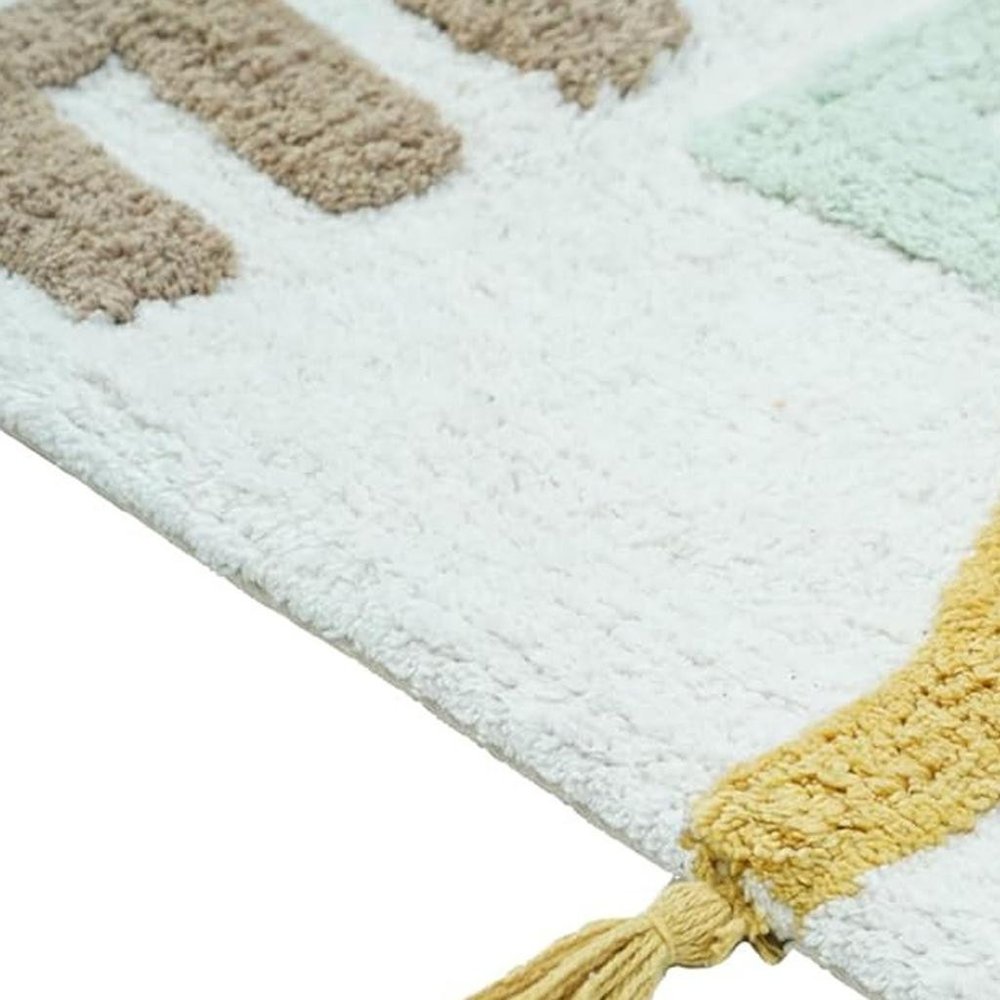 32" Blue White And Yellow Cotton Hello Lovely Youthful Bath Rug