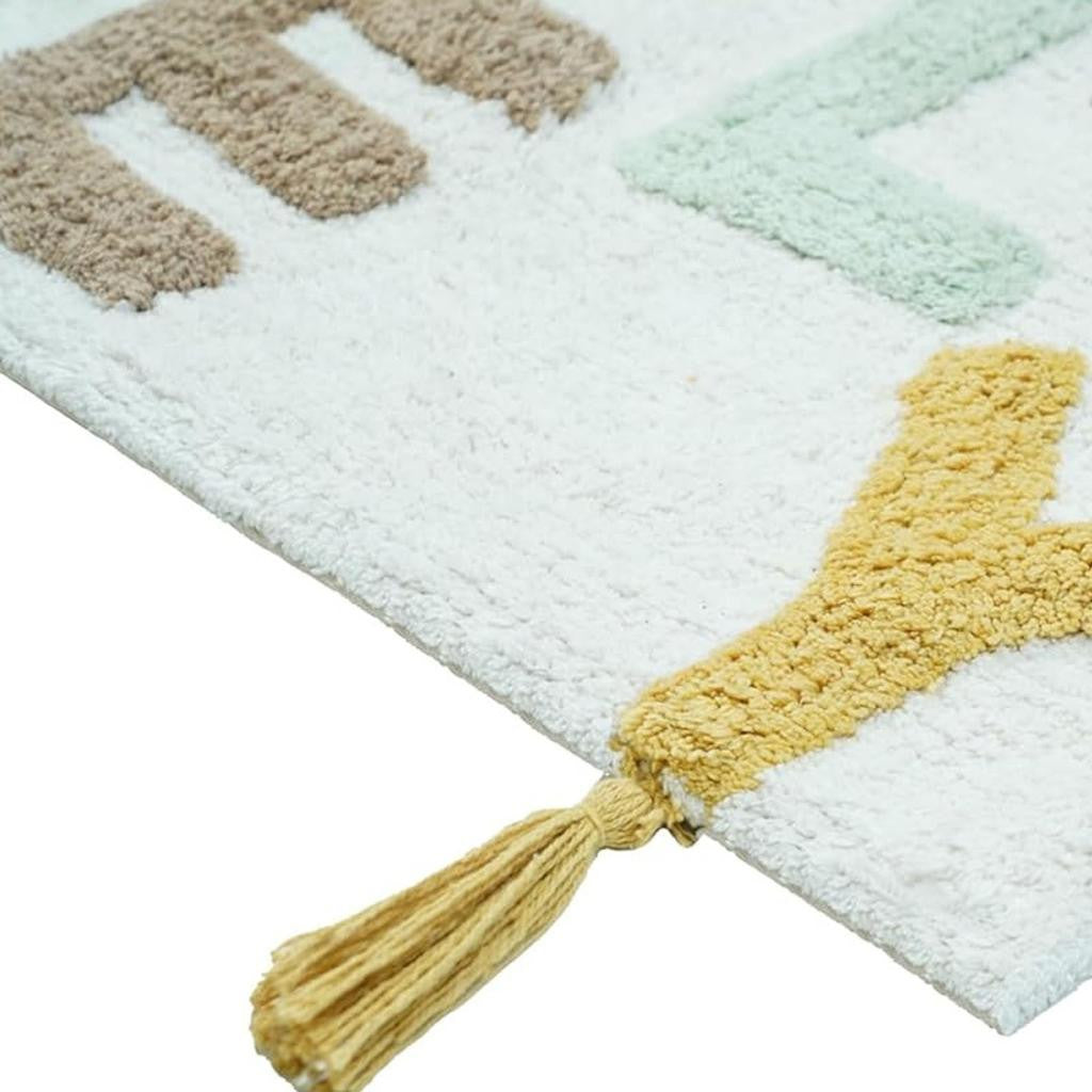 32" Blue White And Yellow Cotton Hello Lovely Youthful Bath Rug