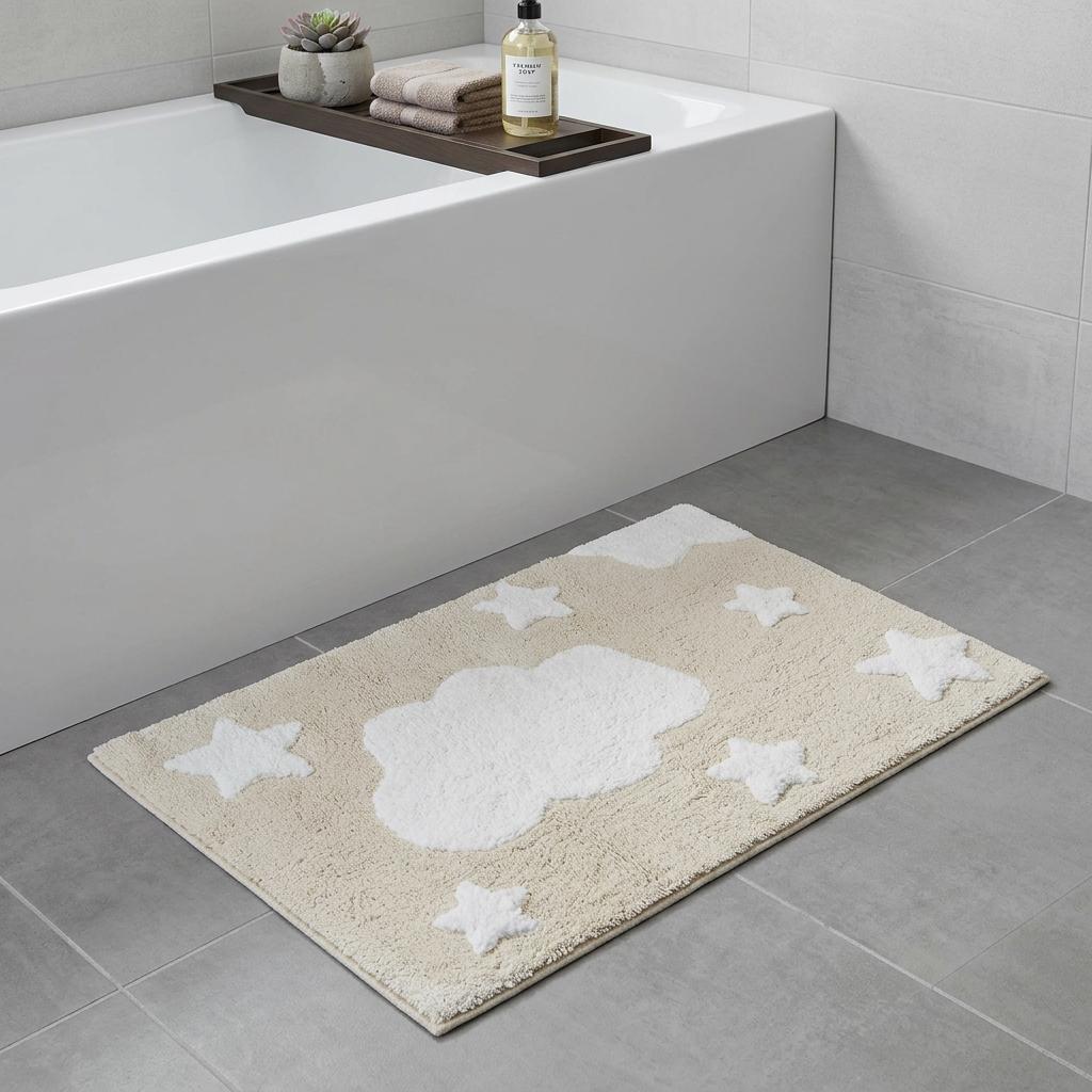 32" White And Beige Cotton Clouds and Stars Youthful Bath Rug
