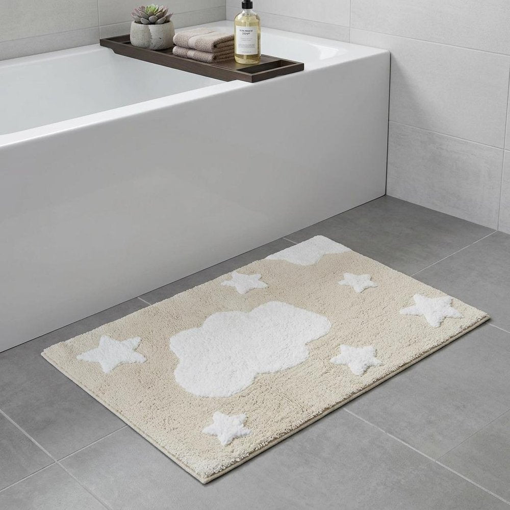 32" White And Beige Cotton Clouds and Stars Youthful Bath Rug