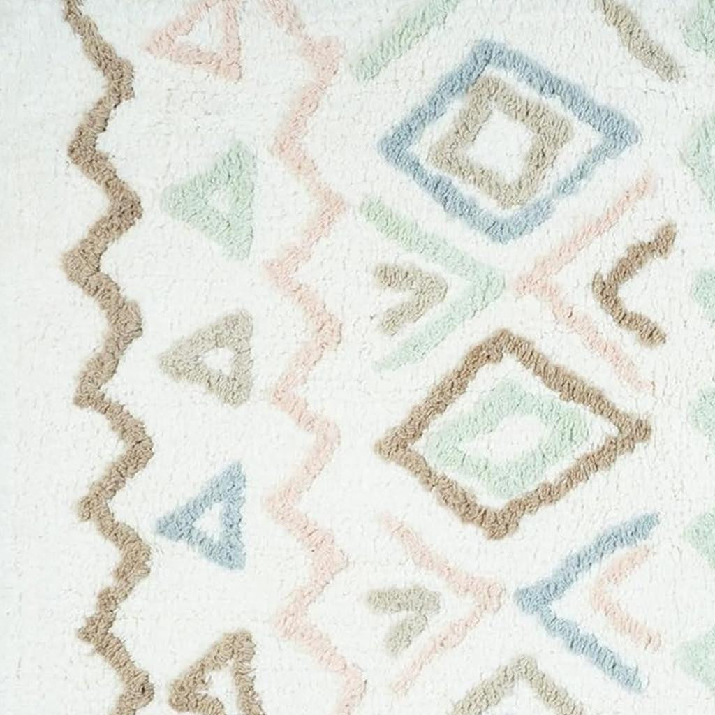 32" Blue Brown And White Cotton Geometric Bath Rug
