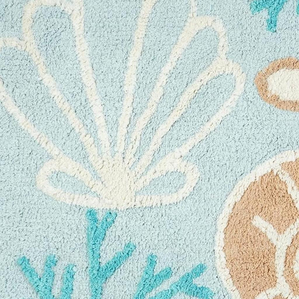 32" Blue Tan And White Cotton Seashells And Coral Bath Rug