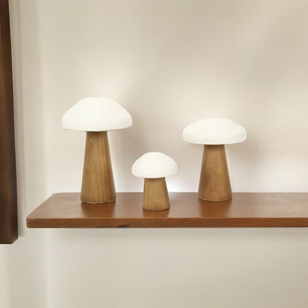 7" Brown And White Wood Hand Painted Mushroom Tabletop Sculpture