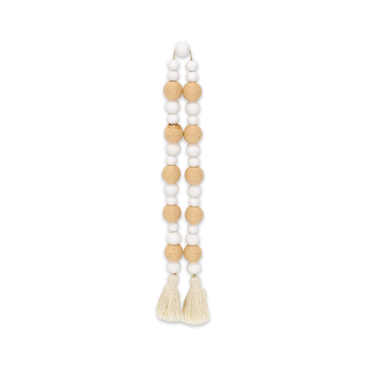 38" White And Natural Wood And Fabric Hand Painted Decorative Tassel
