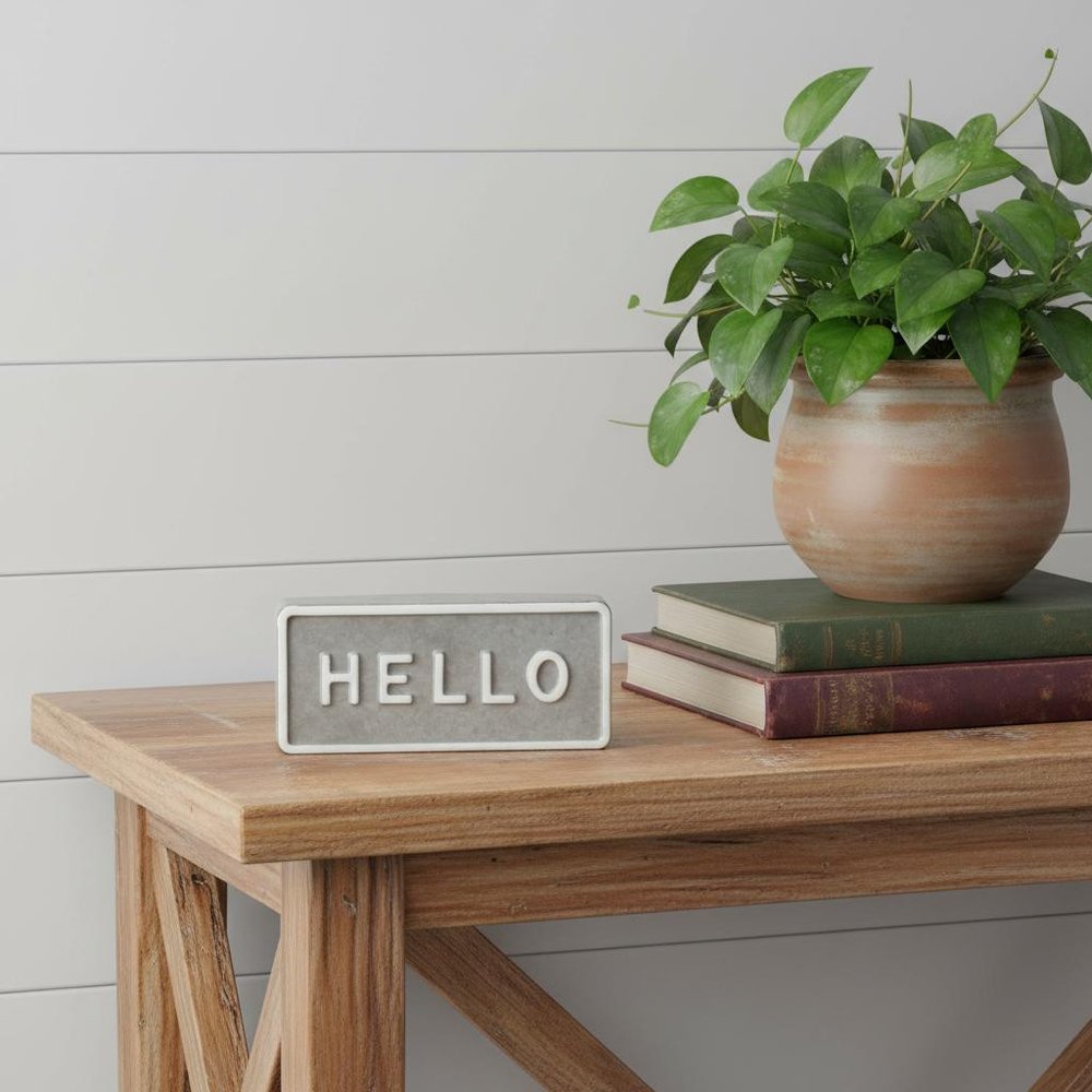 4" Gray And White Galvanized Metal Hello Hand Painted Tabletop Sign