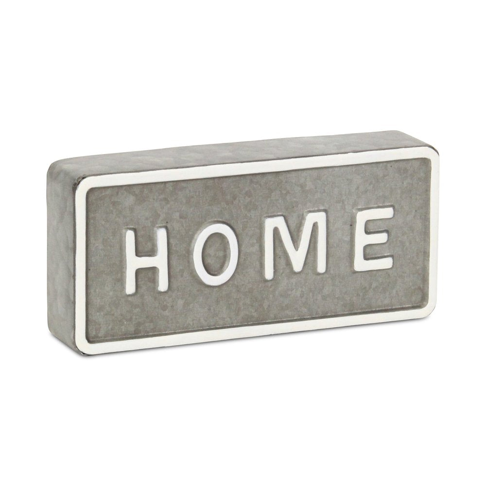 4" Gray And White Metal Home Hand Painted Tabletop Sign