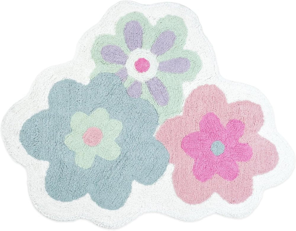32" Pink And White Cotton Flower Trio Floral Bath Rug