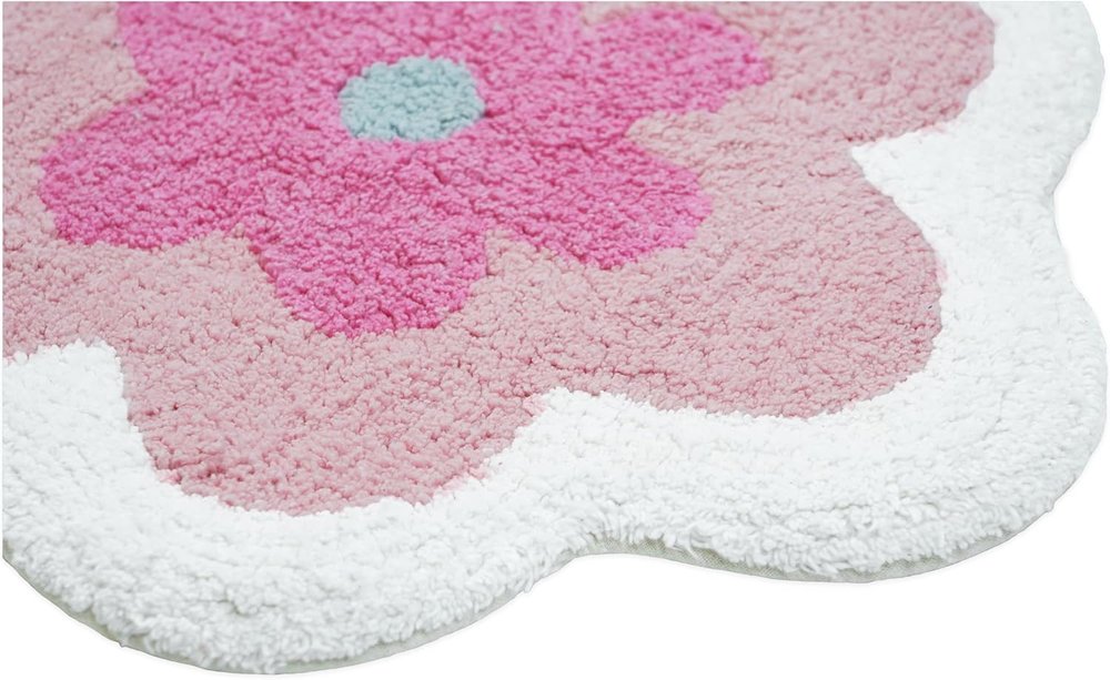 32" Pink And White Cotton Flower Trio Floral Bath Rug