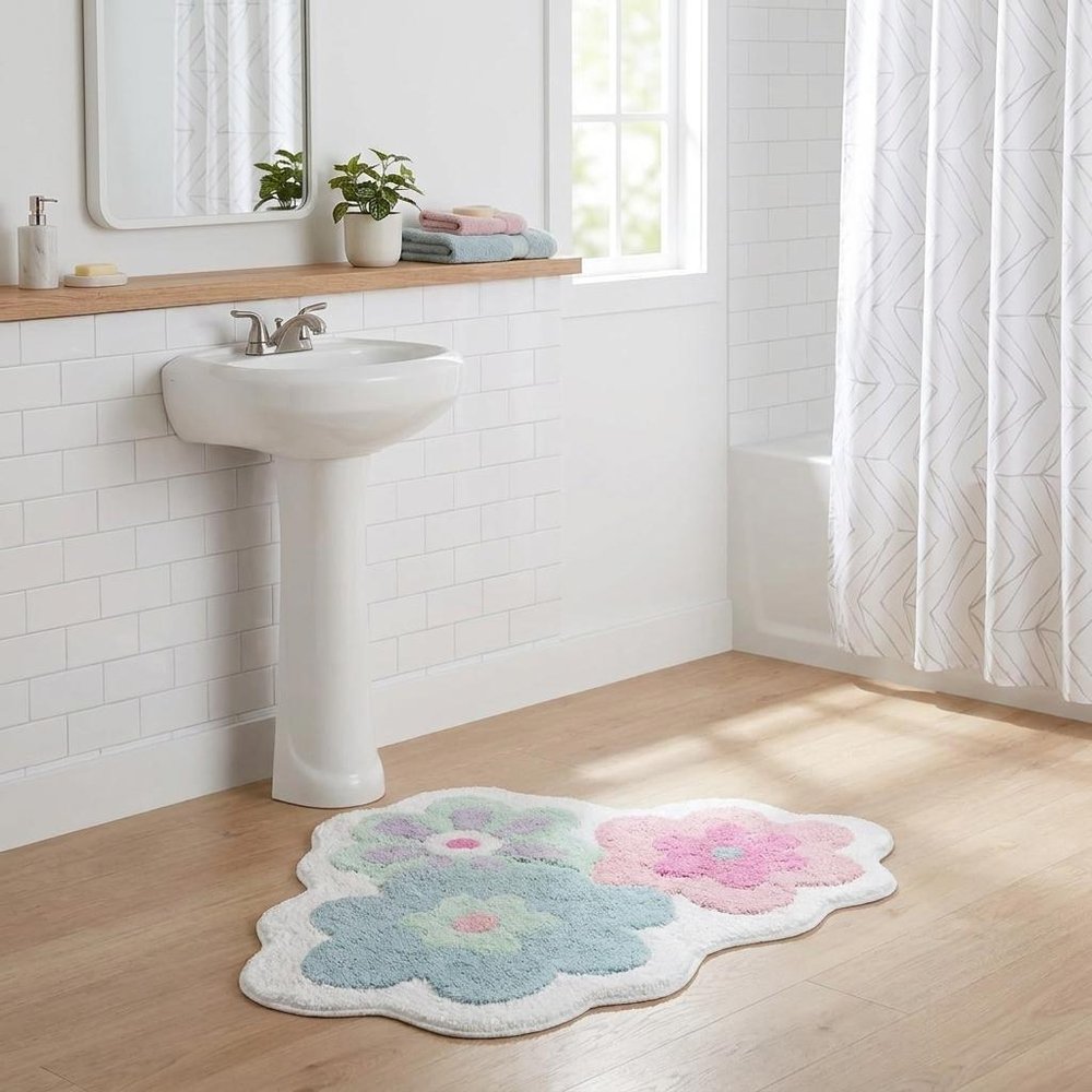 32" Pink And White Cotton Flower Trio Floral Bath Rug