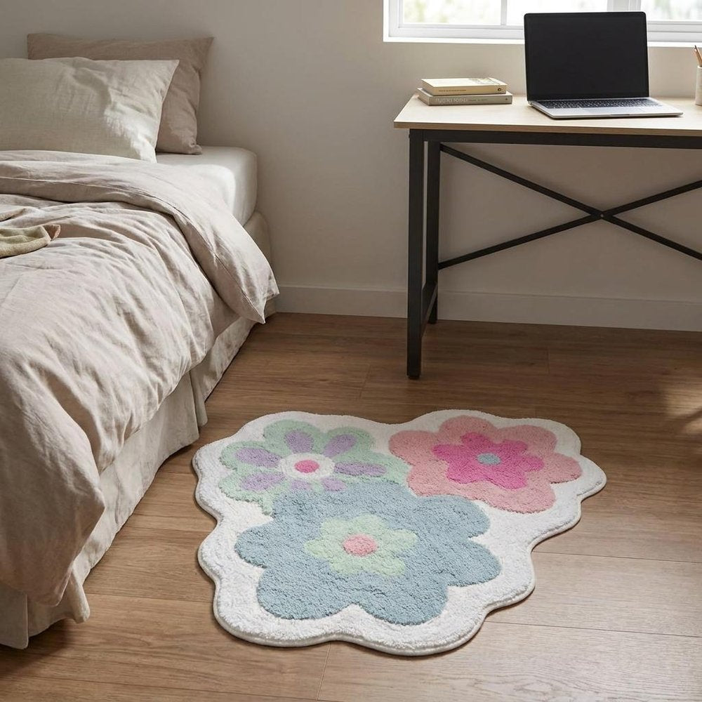 32" Pink And White Cotton Flower Trio Floral Bath Rug