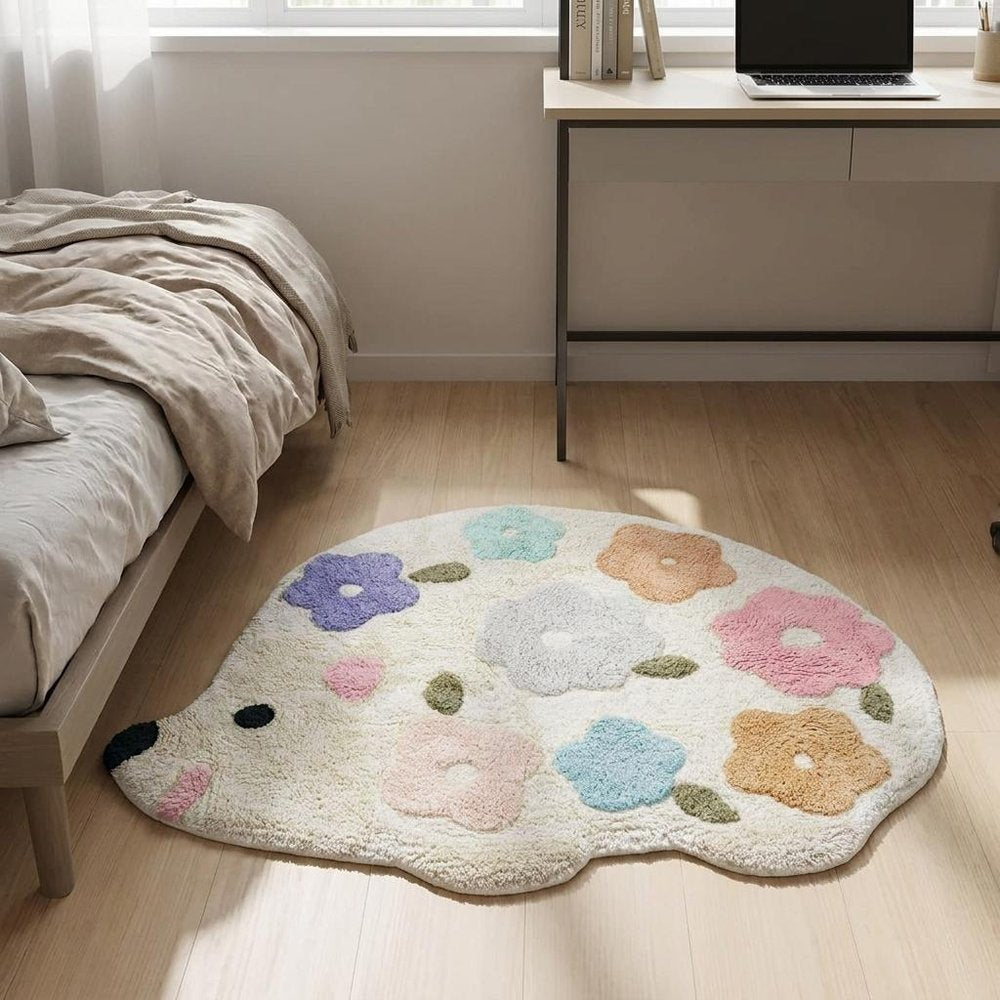 32" White Blue And Pink Cotton Hedgehog Floral Print Bath Rug