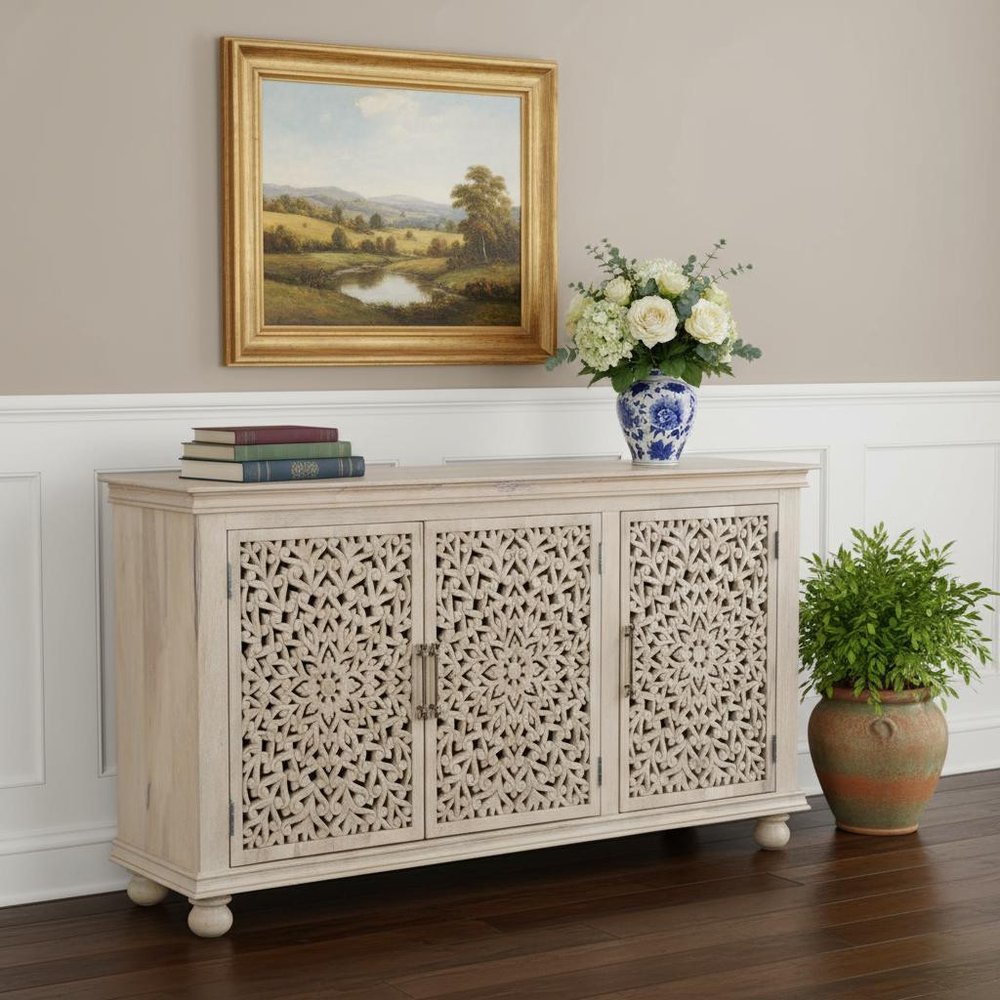 72" White Solid Wood Carved Floral Sideboard With Three Doors